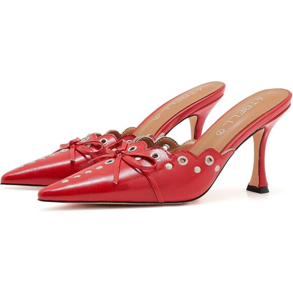 Red Fashion Pointed Toe Women Heels Eyelet Detail Slip On High Heel Mules - Picture 2 of 6